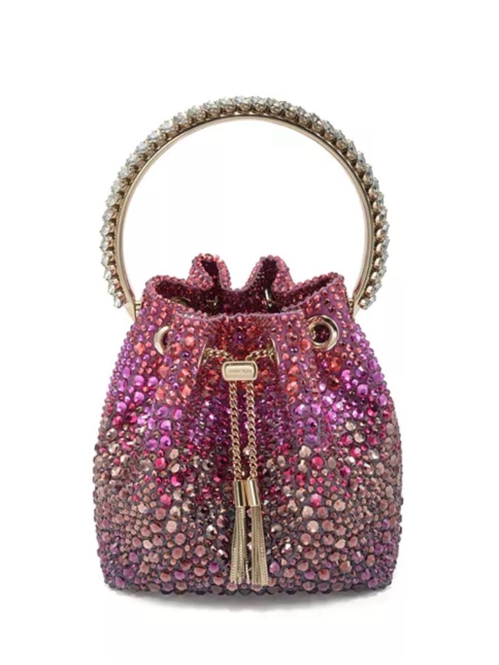 Jimmy Choo Pink Crystal-Embellished Bucket Bag with Gold Handle